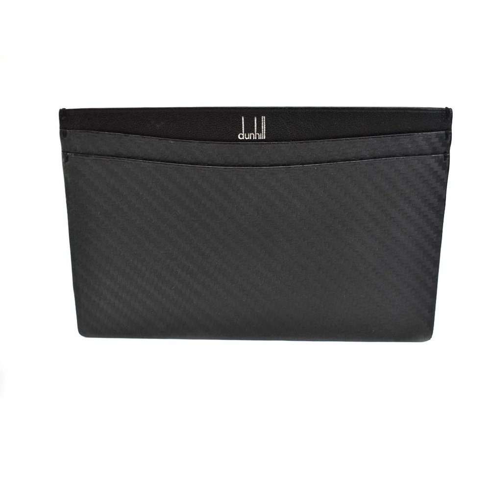 DUNHILL Black Leather Herringbone Logo Flat Wallet